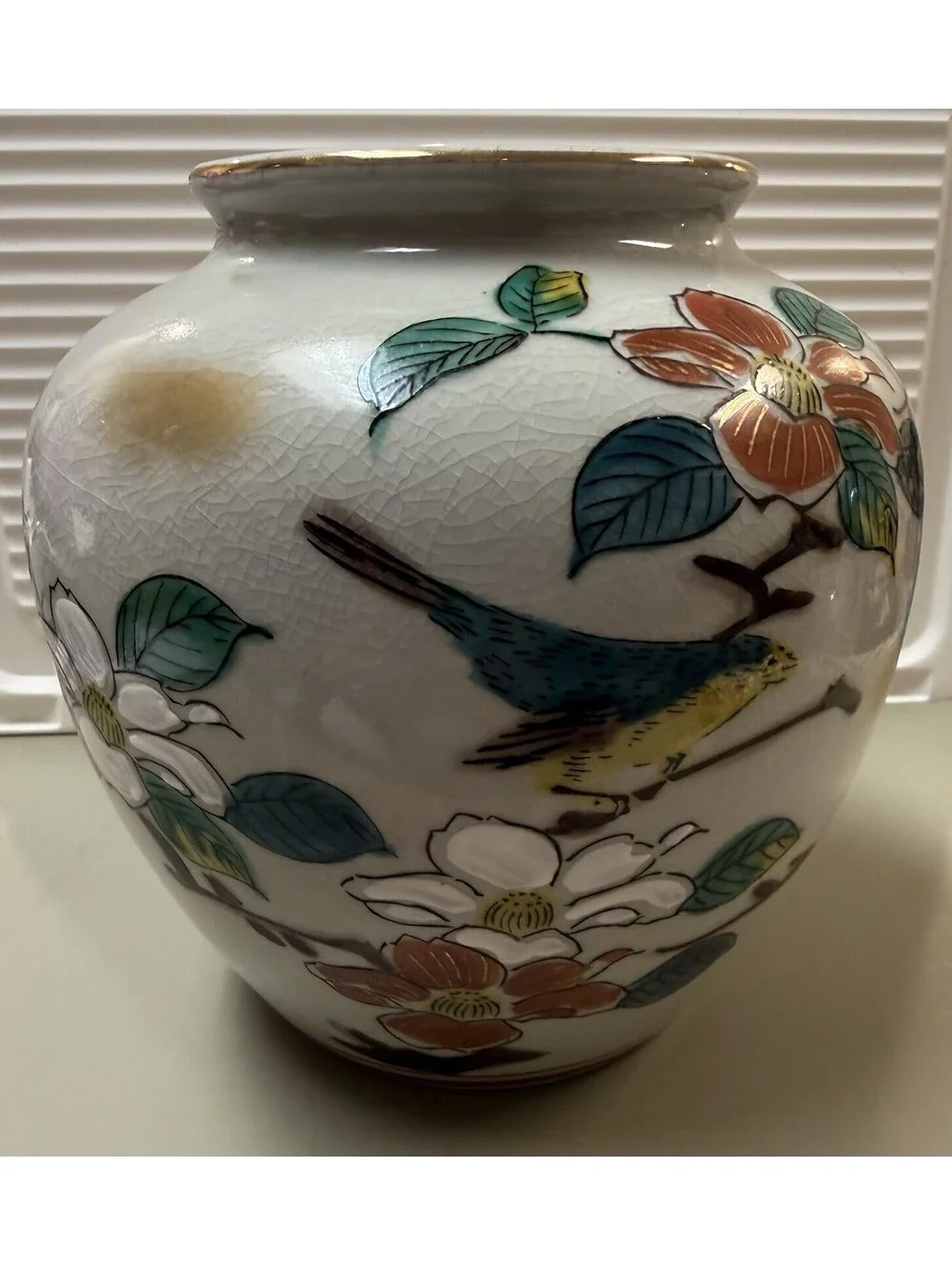 Vintage Japanese Hand Painted Ceramic Pottery Vase☆Bird & Floral☆